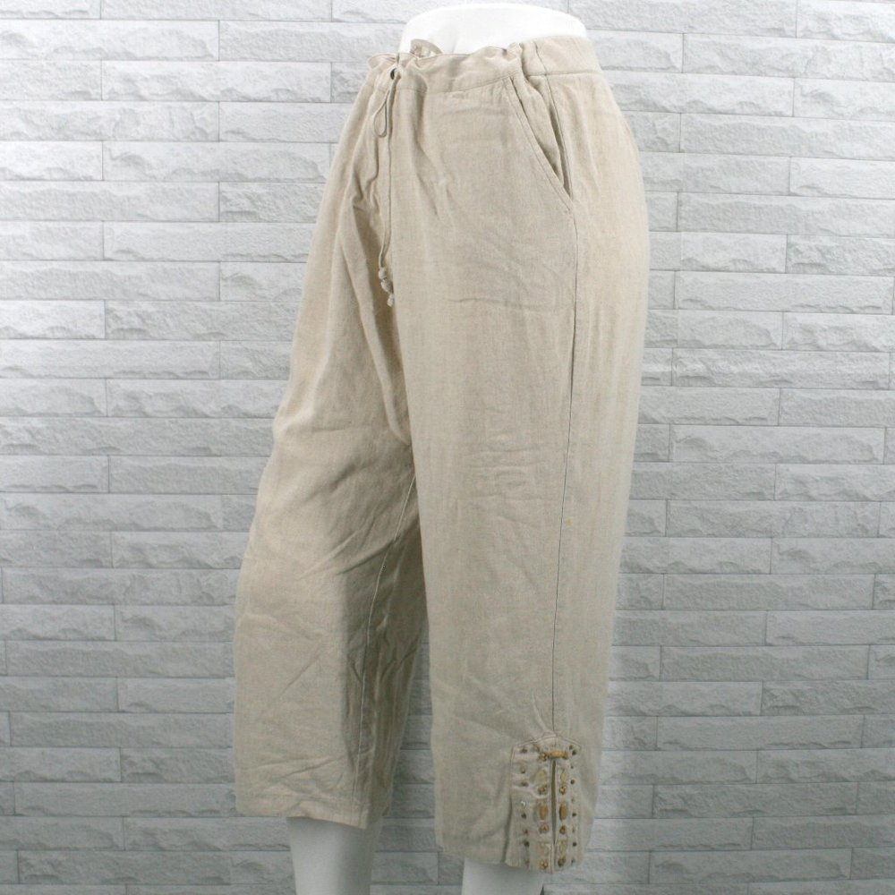 REQUIREMENTS Capri Linen Blend Pants Cropped Neutral Boho Tan Beaded Leg Size 12 - Picture 4 of 14